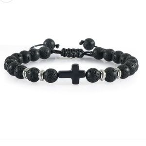 Matte Black Textured Beaded Cross Adjustable Bracelet NWOT